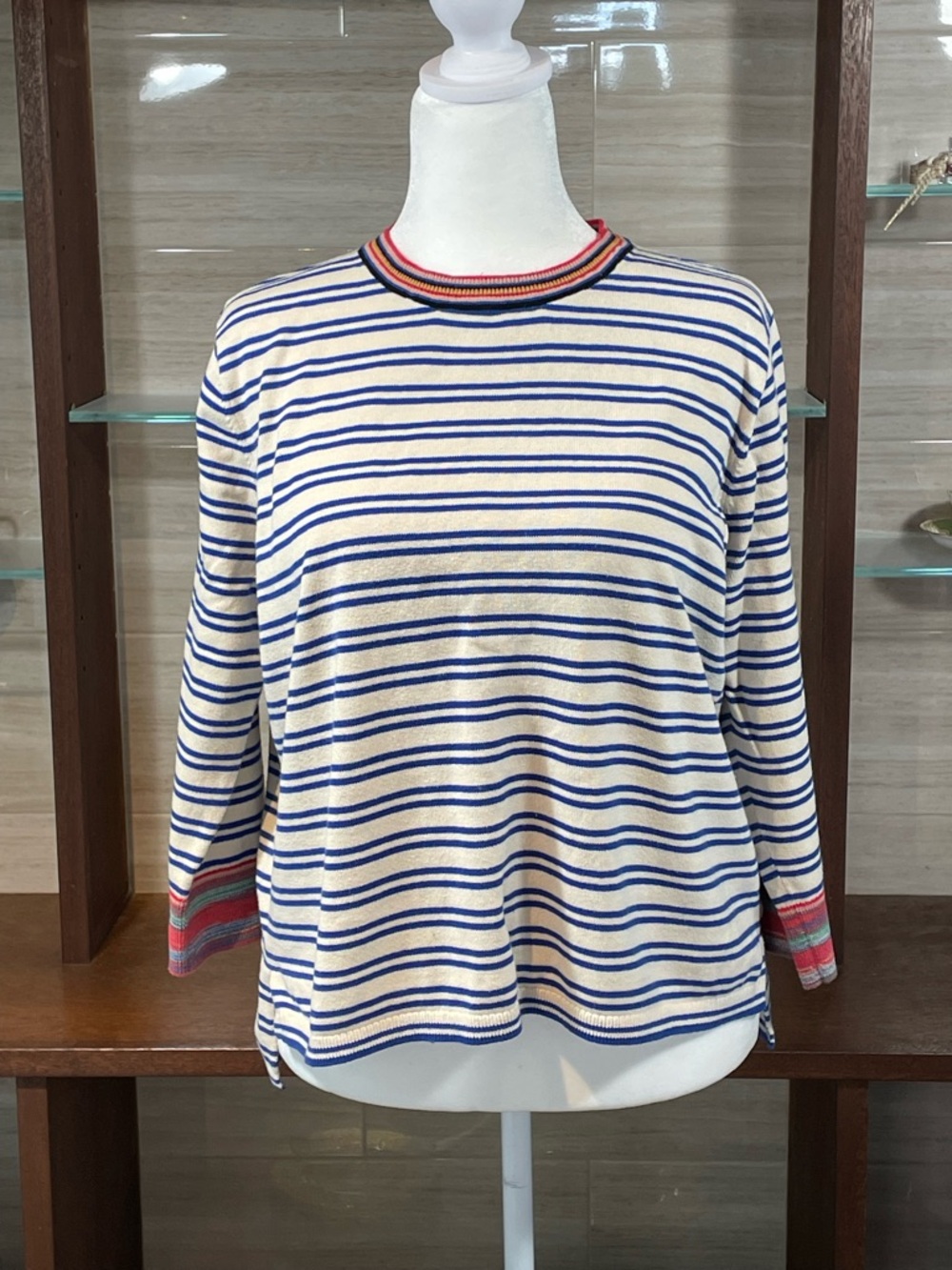 CAbi Striped Sweater Top in Cream and Blue with Multicolor Trim - Cozy Cotton M